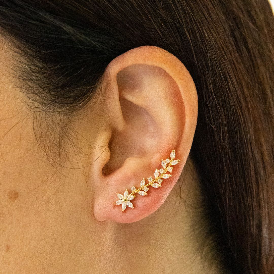 Gold Flower Ear Cuff Earrings with Zirconias