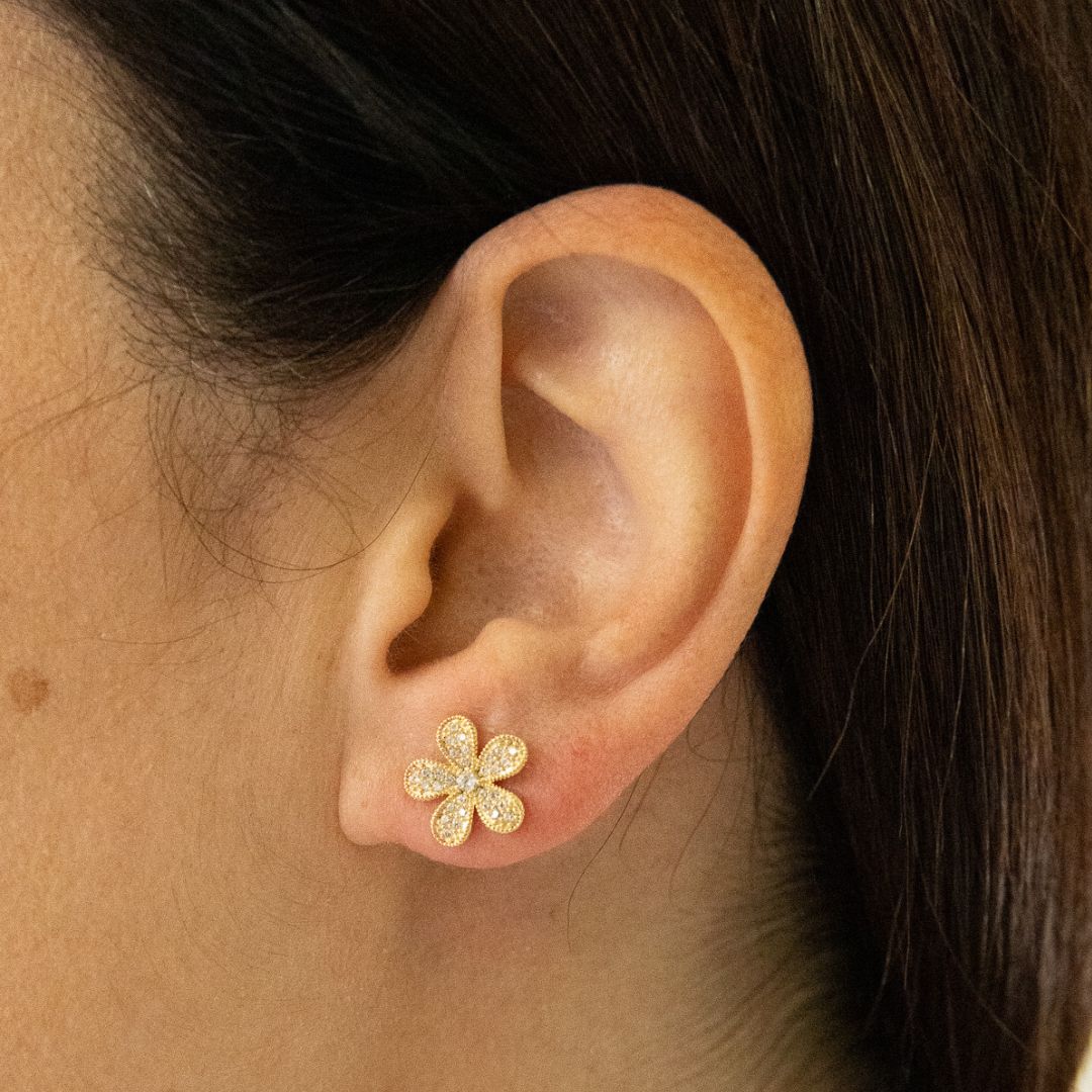 Gold Flower Earrings with Micro Zirconias