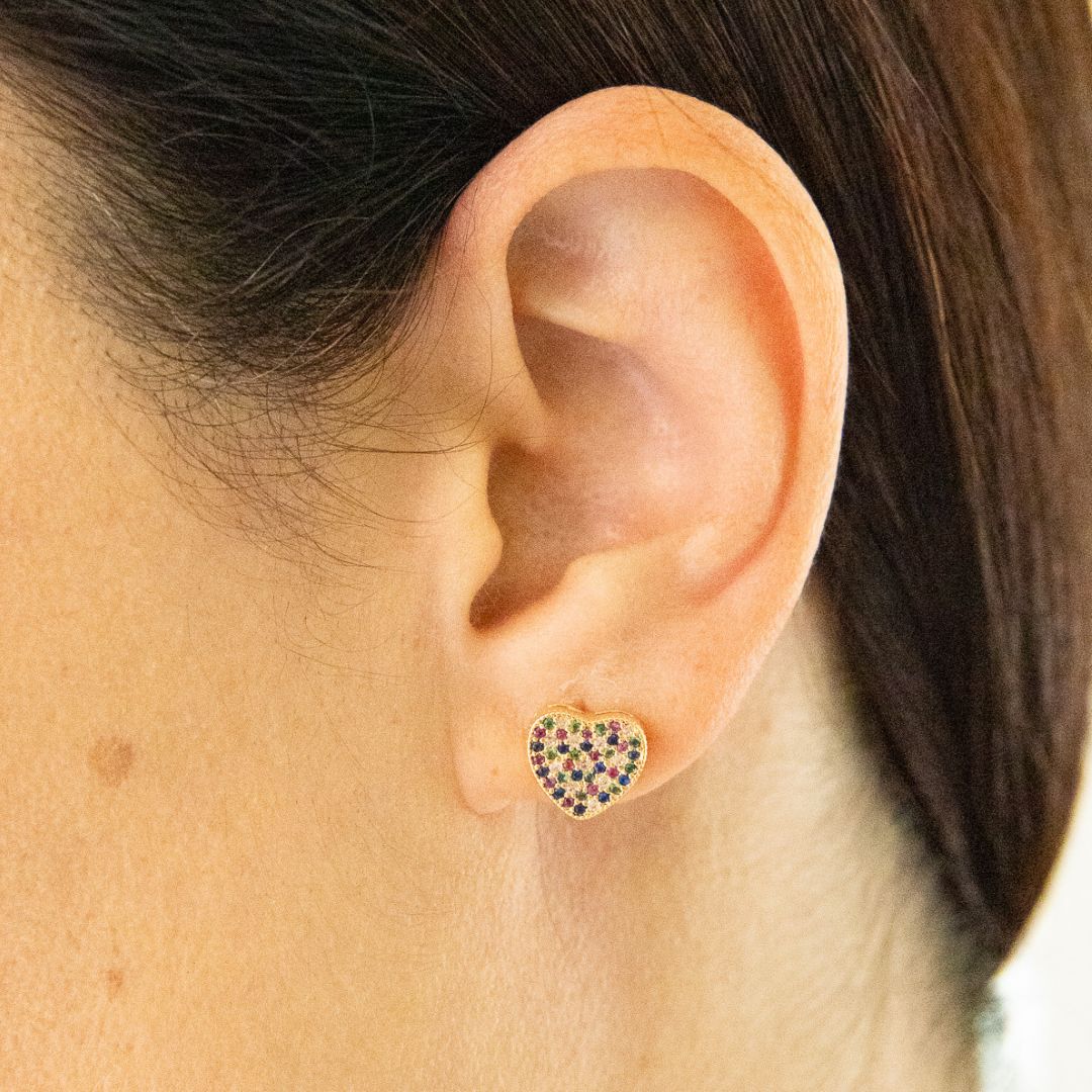 Gold Heart Earrings with Colorful Micro Zirconias