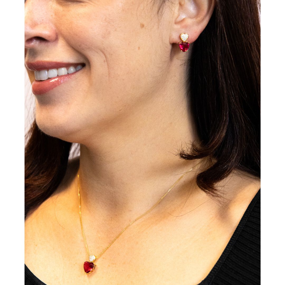 Gold Red Zirconia Heart Jewelry Set