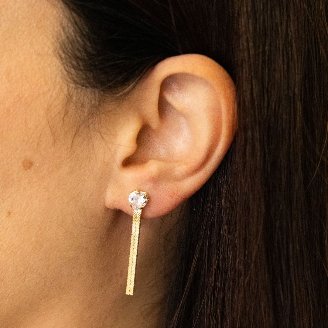 Gold Ribbon Earrings with Heart Light Point