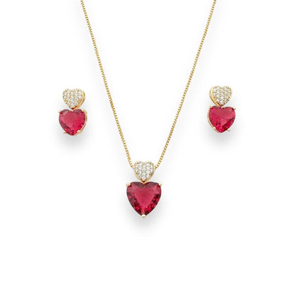 Gold Red Zirconia Heart Jewelry Set