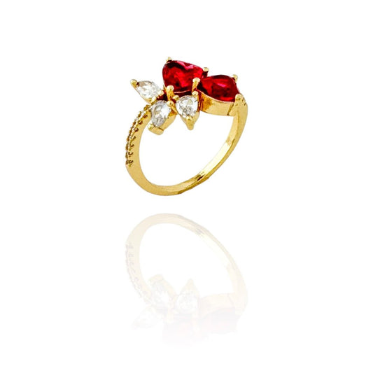 Gold Double Red Zirconia Heart Ring