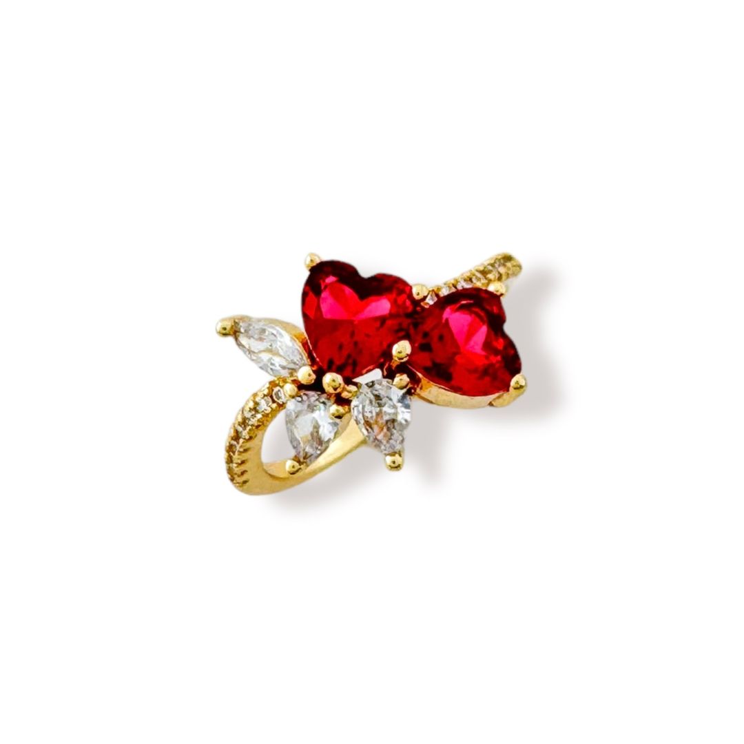 Gold Double Red Zirconia Heart Ring Details