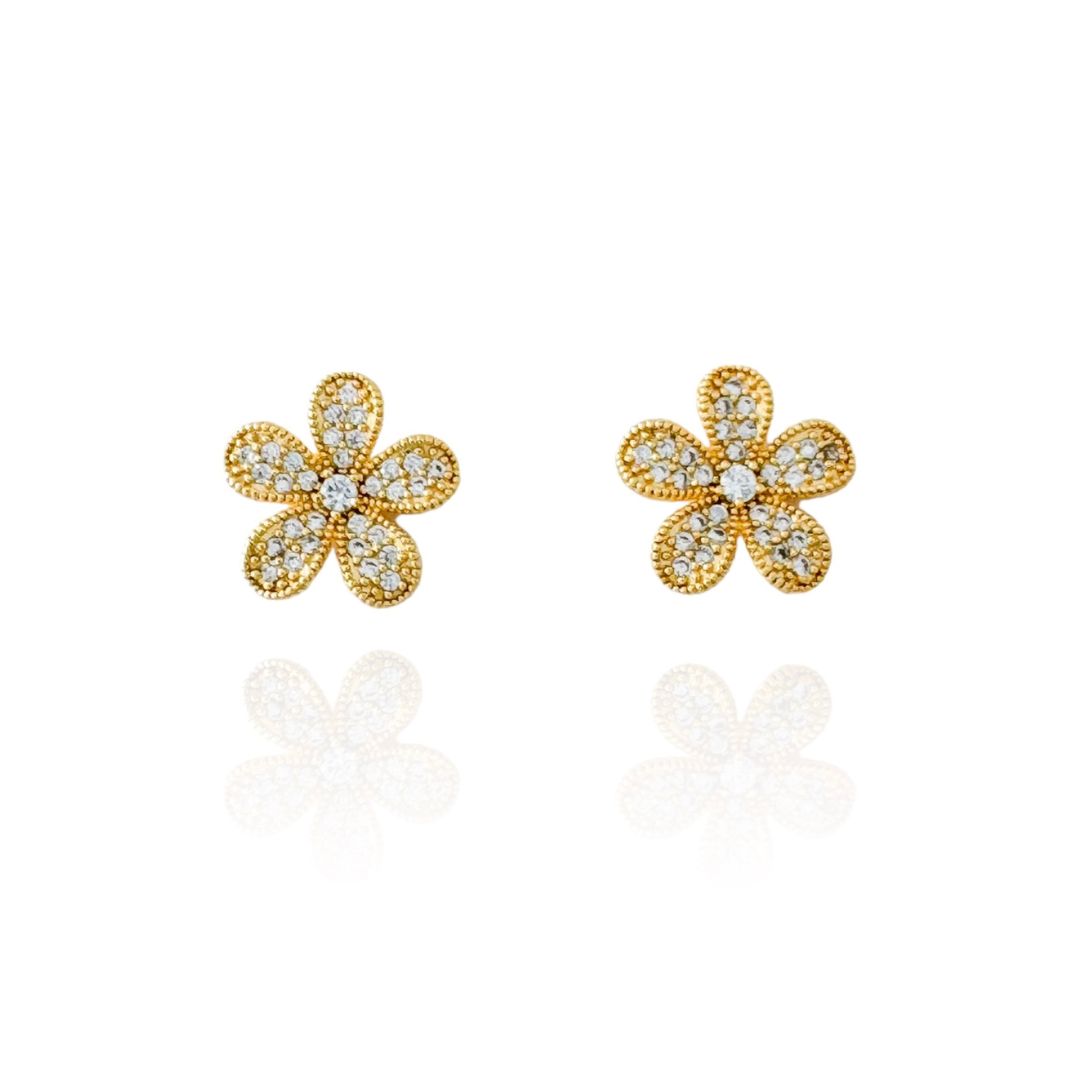 Gold Flower Earrings with Micro Zirconias