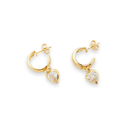 Gold Smooth Hoop Earrings with Hanging Heart Light Point