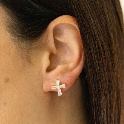 Gold Cross Earrings in Zirconia