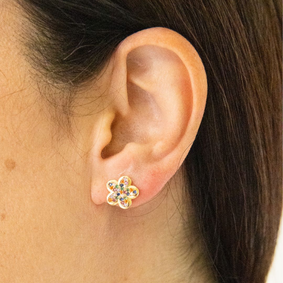 Gold Flower Earrings with Colorful Micro Zirconias