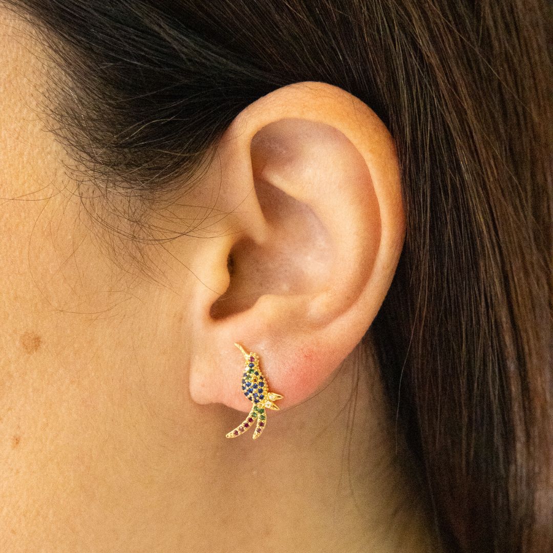 Gold Hummingbird Earrings with Colorful Zirconias