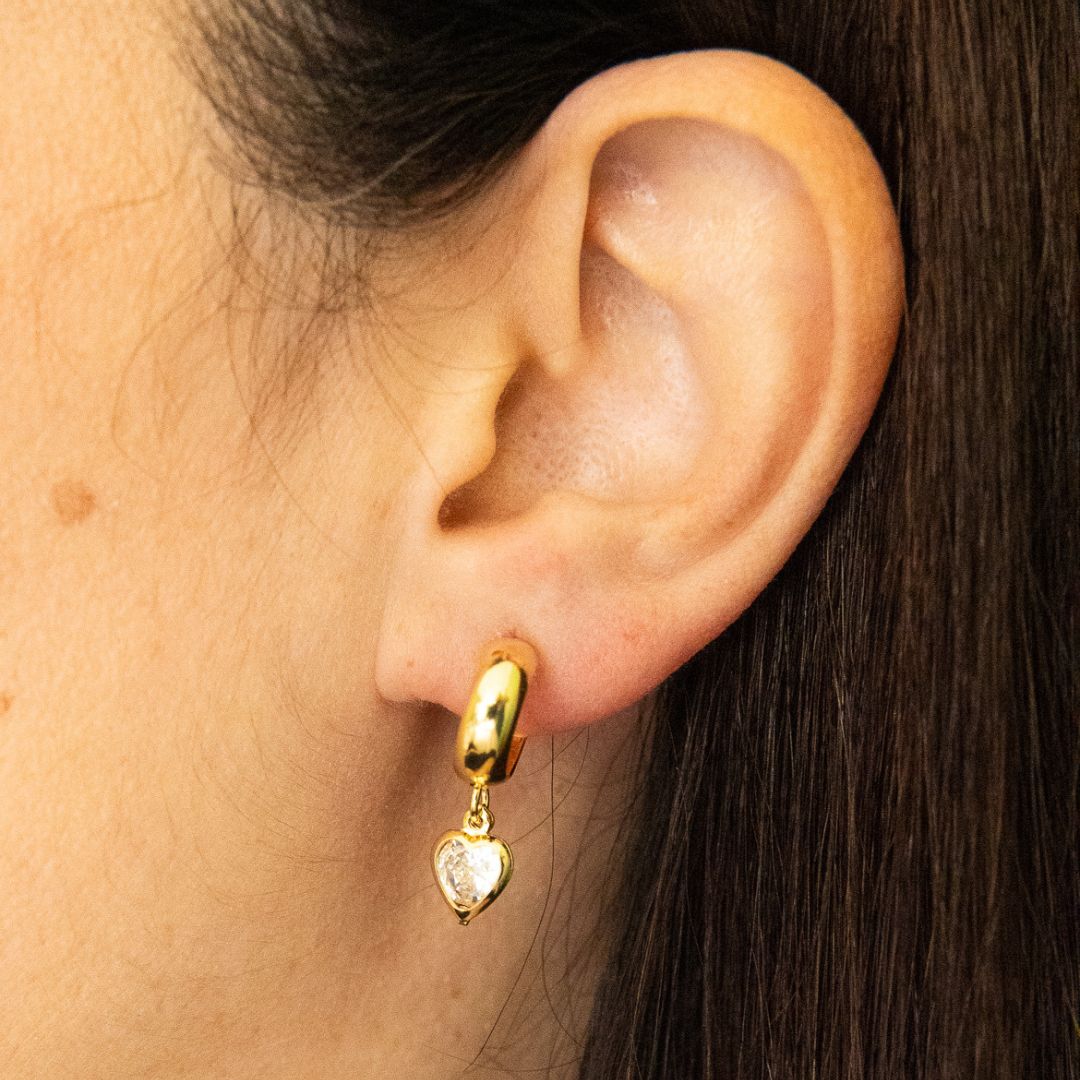 Gold Smooth Hoop Earrings with Hanging Heart Light Point