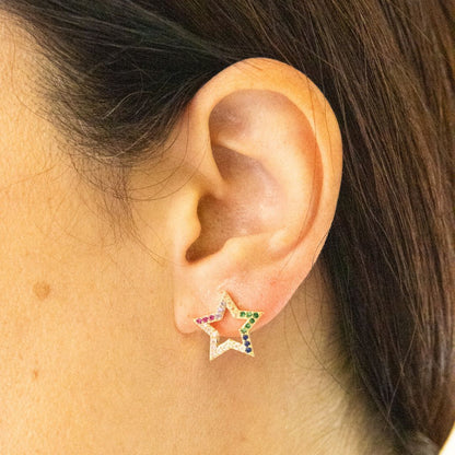 Gold Star Earrings with Colorful Micro Zirconias