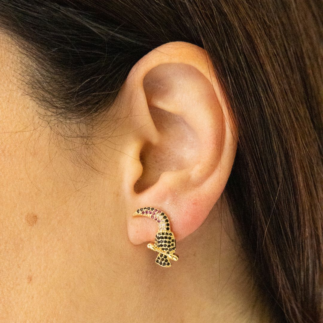 Gold Toucan Earrings with Colorful Zirconias