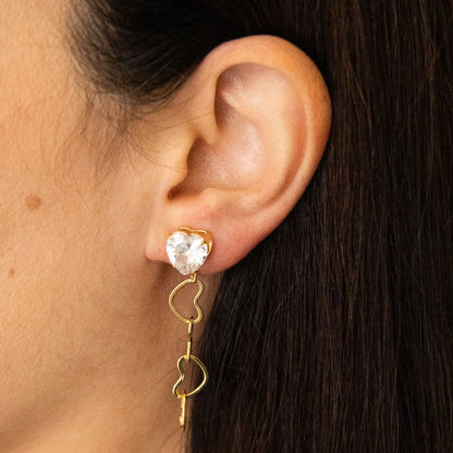Gold Zirconia Heart Earrings with Hanging Heart Links