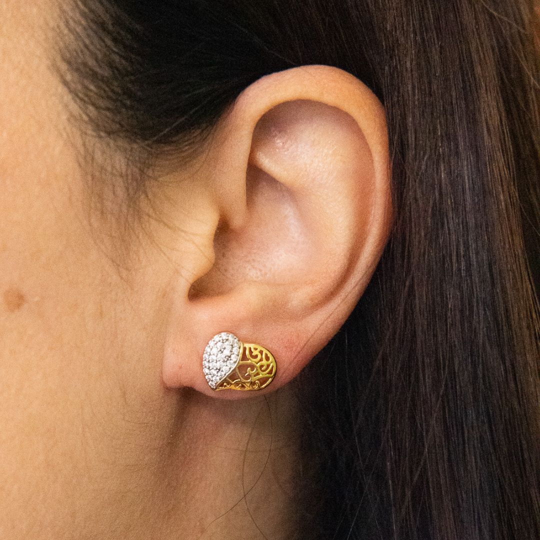 Gold and Rodhium Heart Leaked Earrings with Micro Zirconias