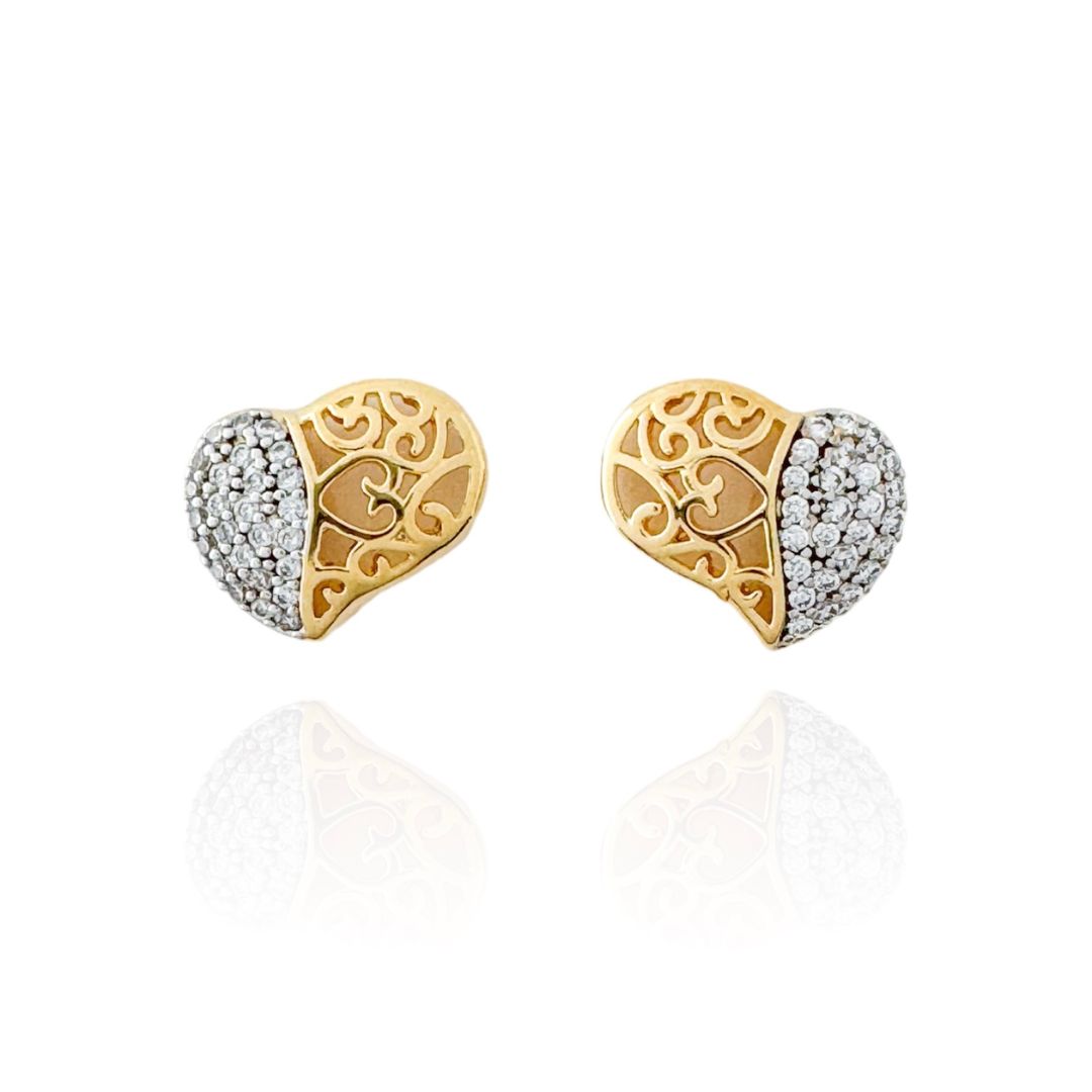 Gold and Rodhium Heart Leaked Earrings with Micro Zirconias